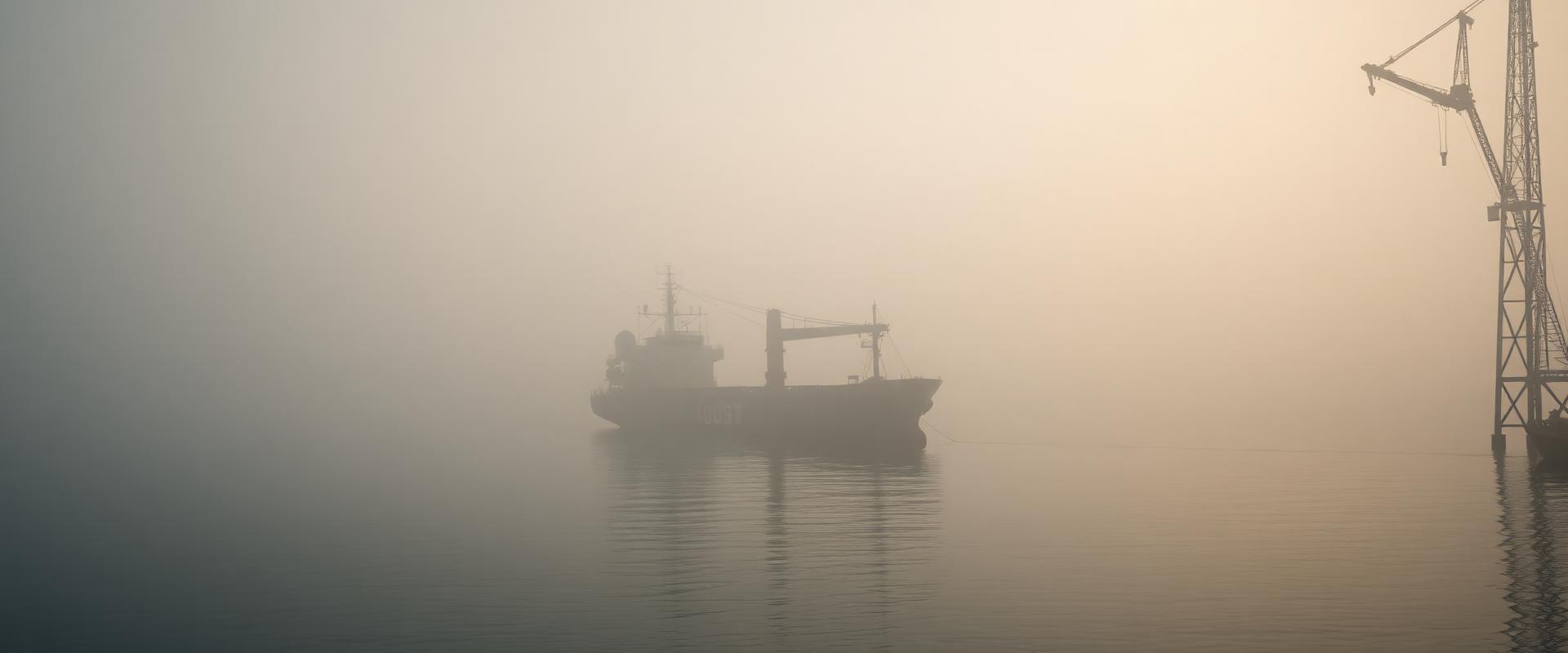Cargo vessel in a misty morning harbour