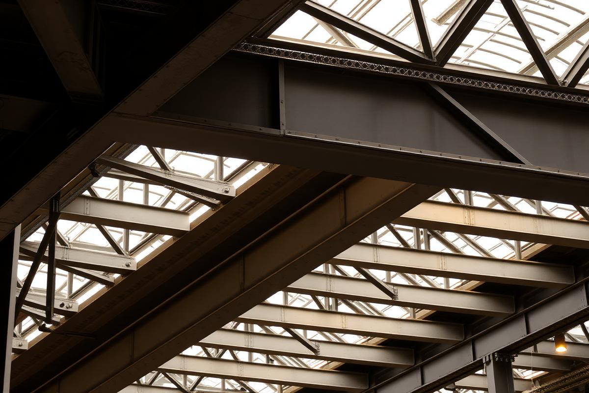 Structural steel beams under architectural lighting